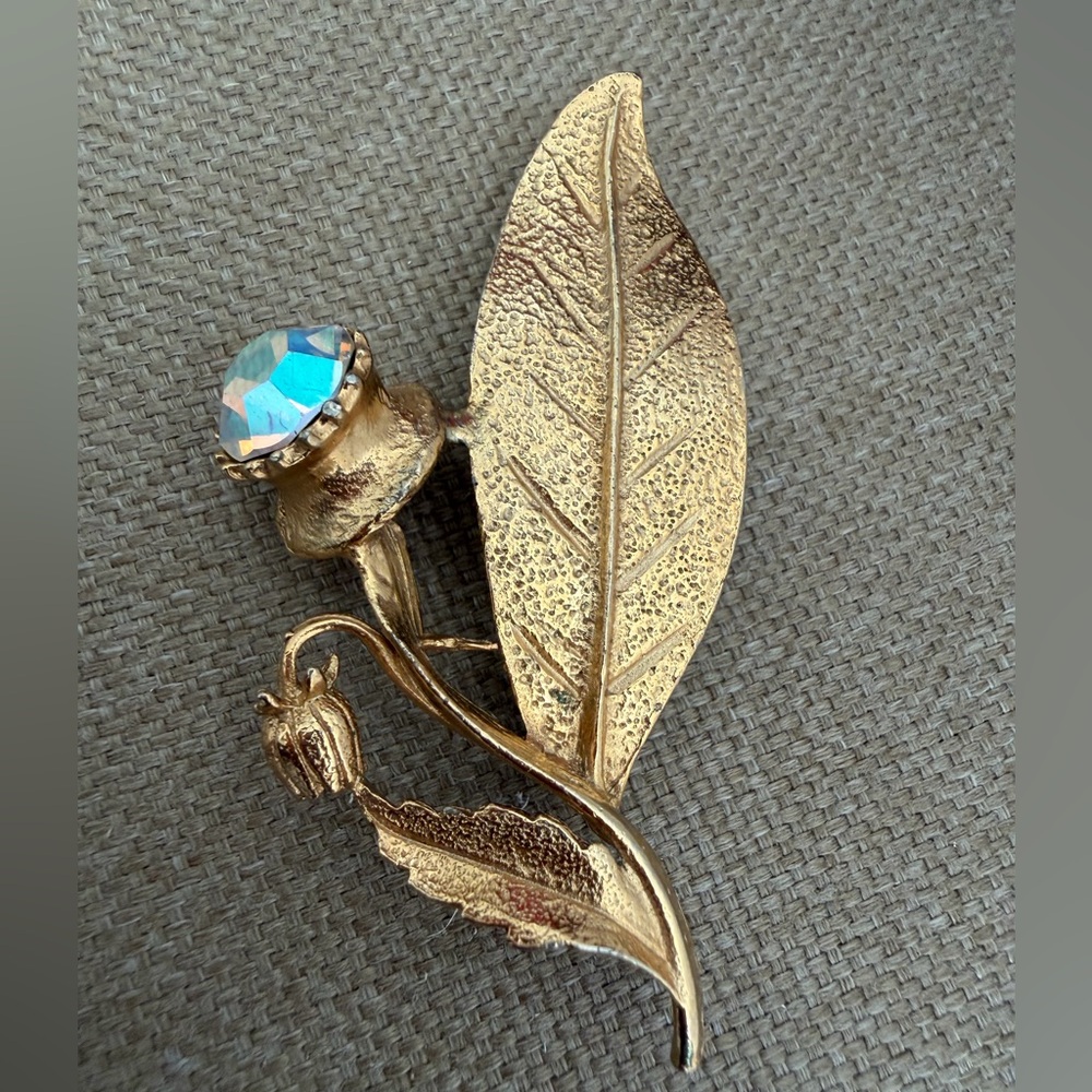 Gold Leaf Brooch with AB Crystal